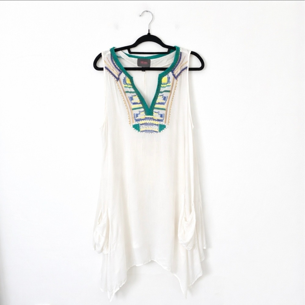 Forcynthia Beachwear Cover Up Women Large White Embroidered Sharkbite‎ Hem Tunic